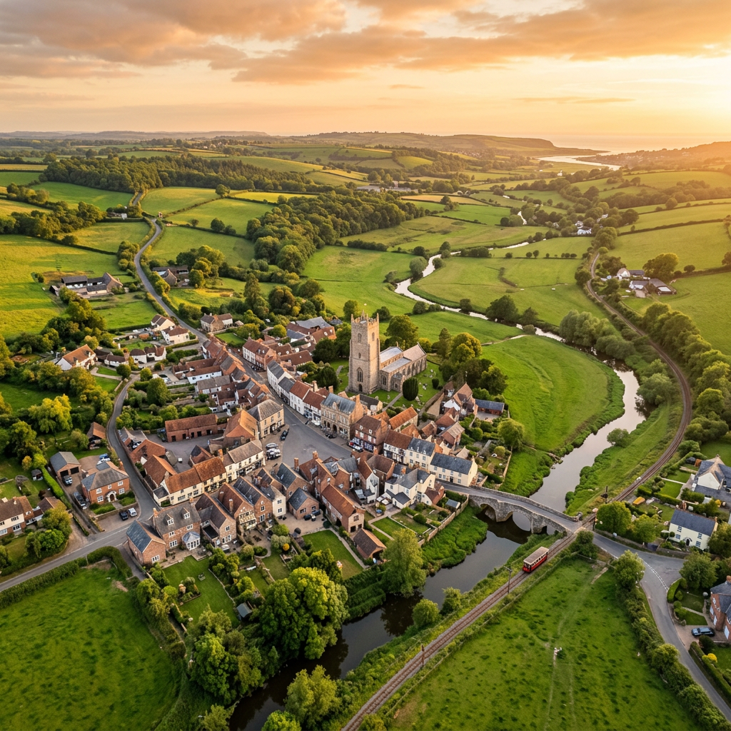 Aerial view of Colyton, Devon at golden hour