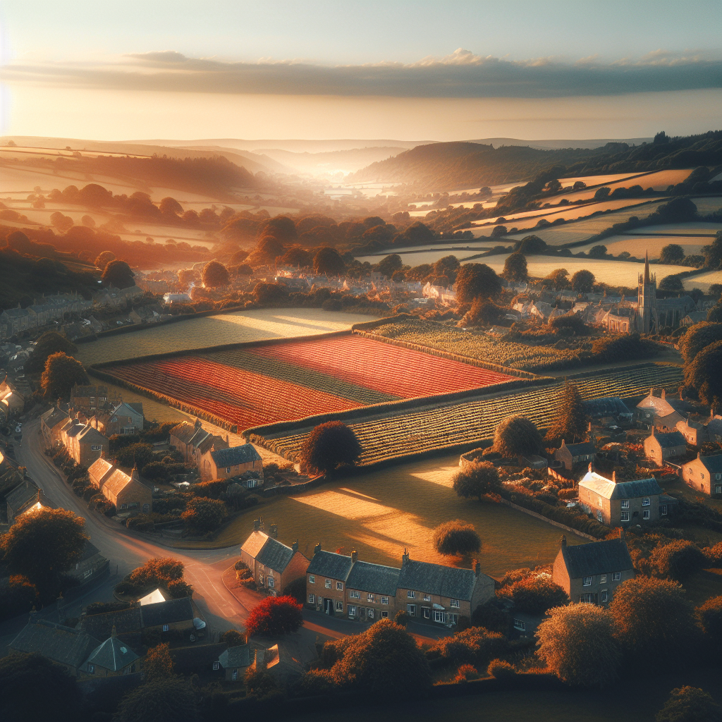 Aerial view of Sandford, Somerset at golden hour