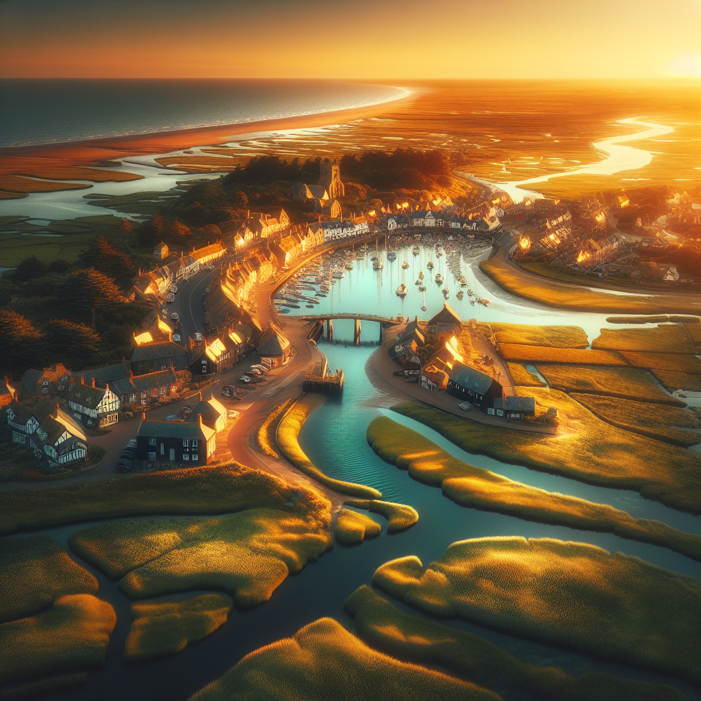 Aerial view of Wells-next-the-Sea, Norfolk at golden hour