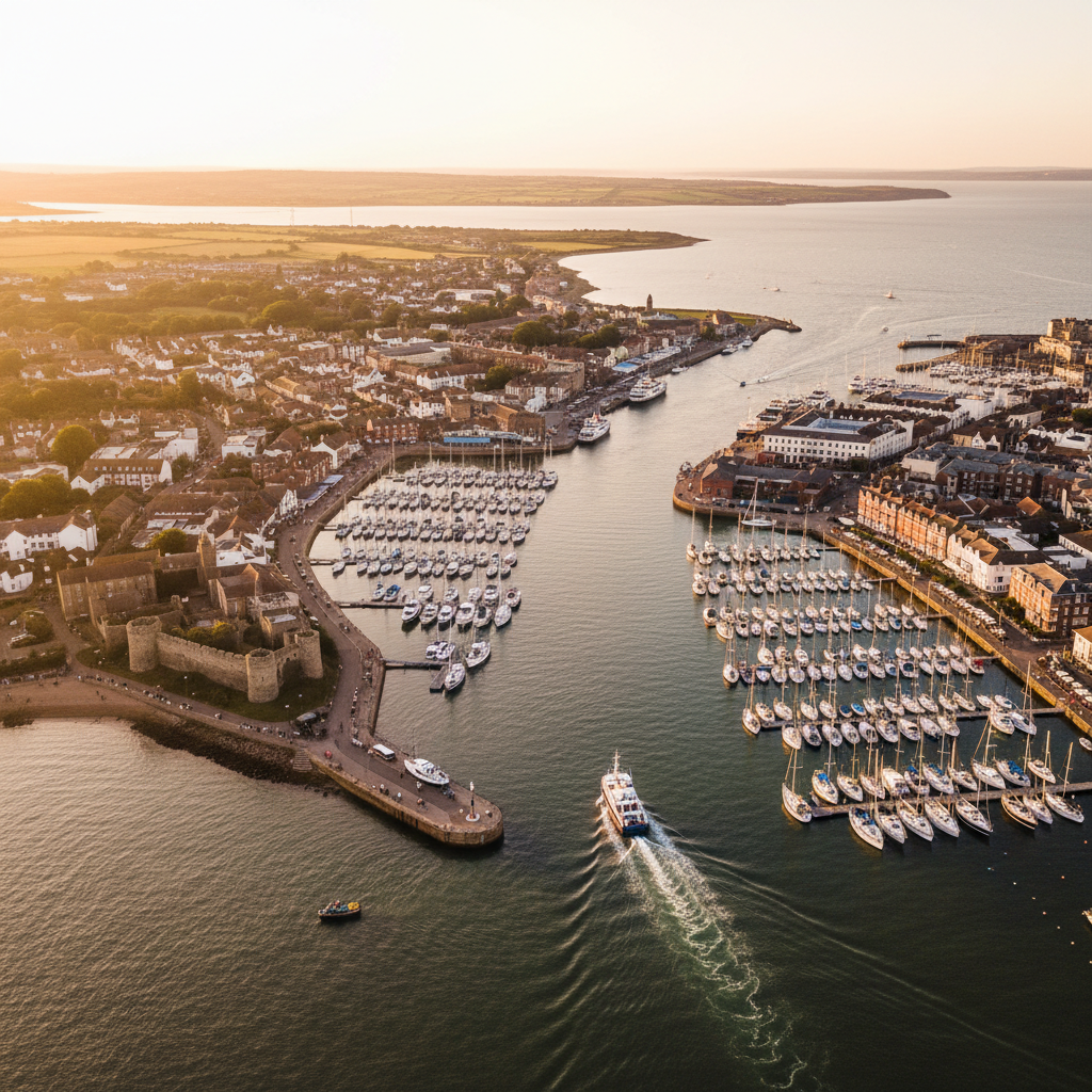 Aerial view of Cowes harbour, Isle of Wight at golden hour