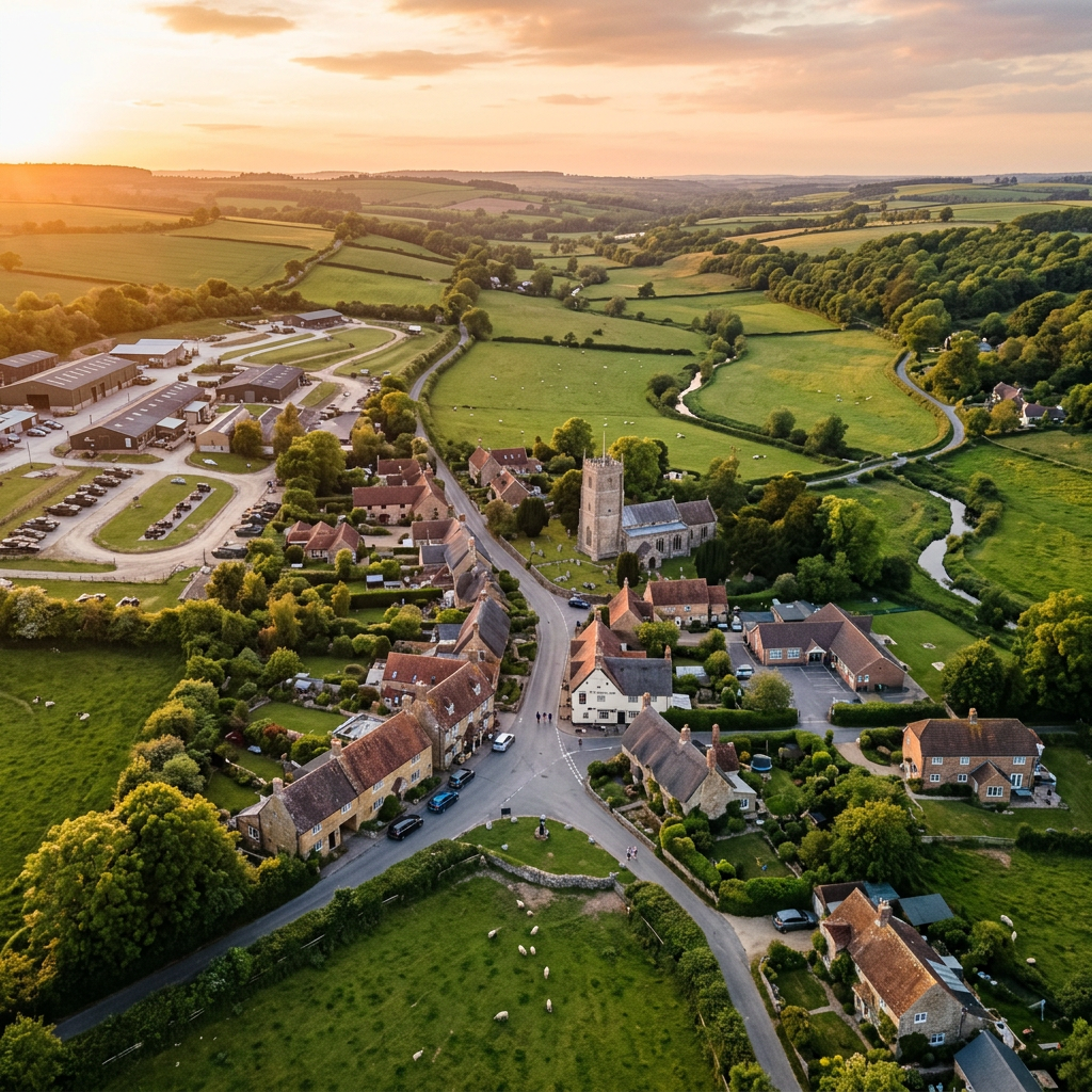 Aerial view of Bovington, Dorset at golden hour