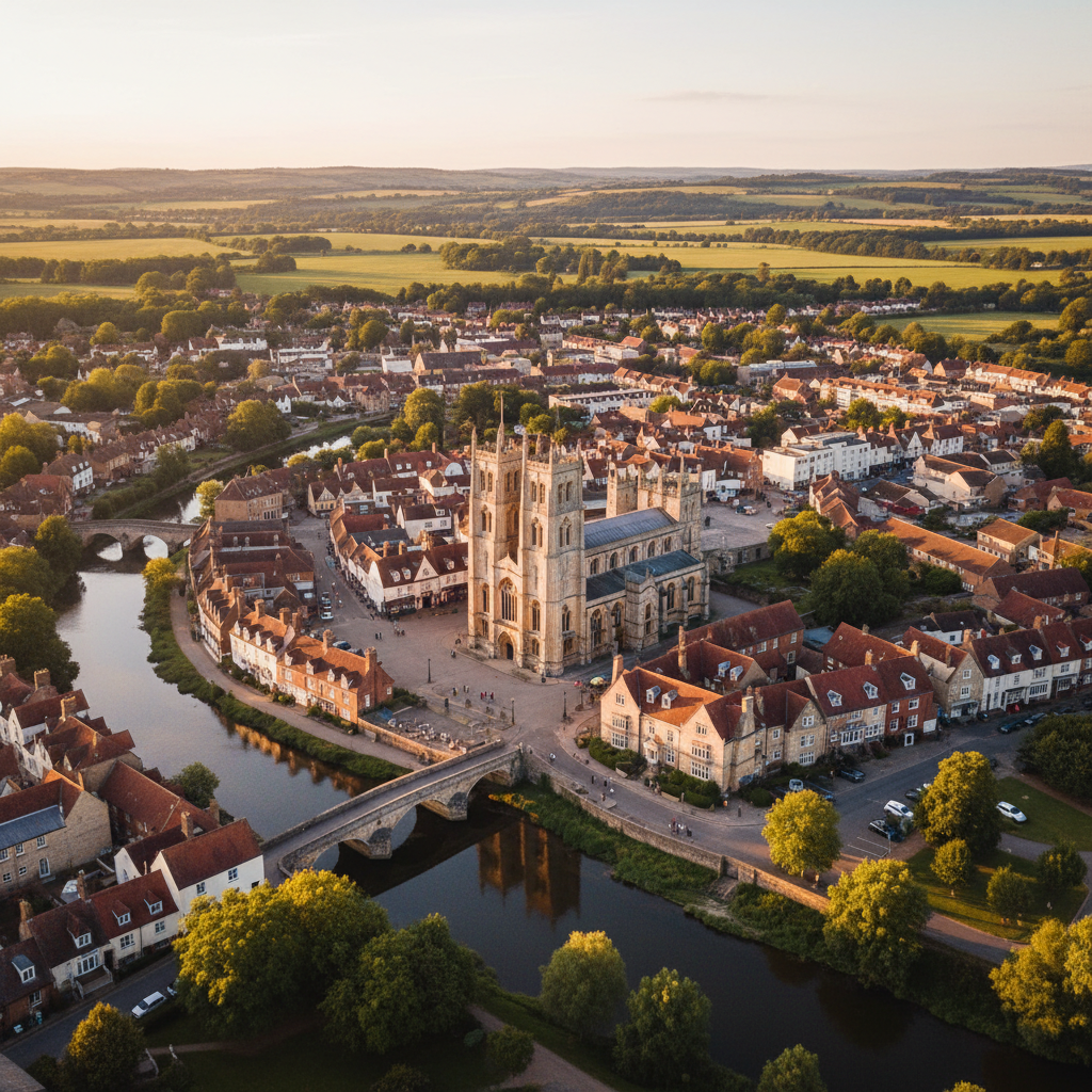 Aerial view of Wimborne Minster, Dorset at golden hour