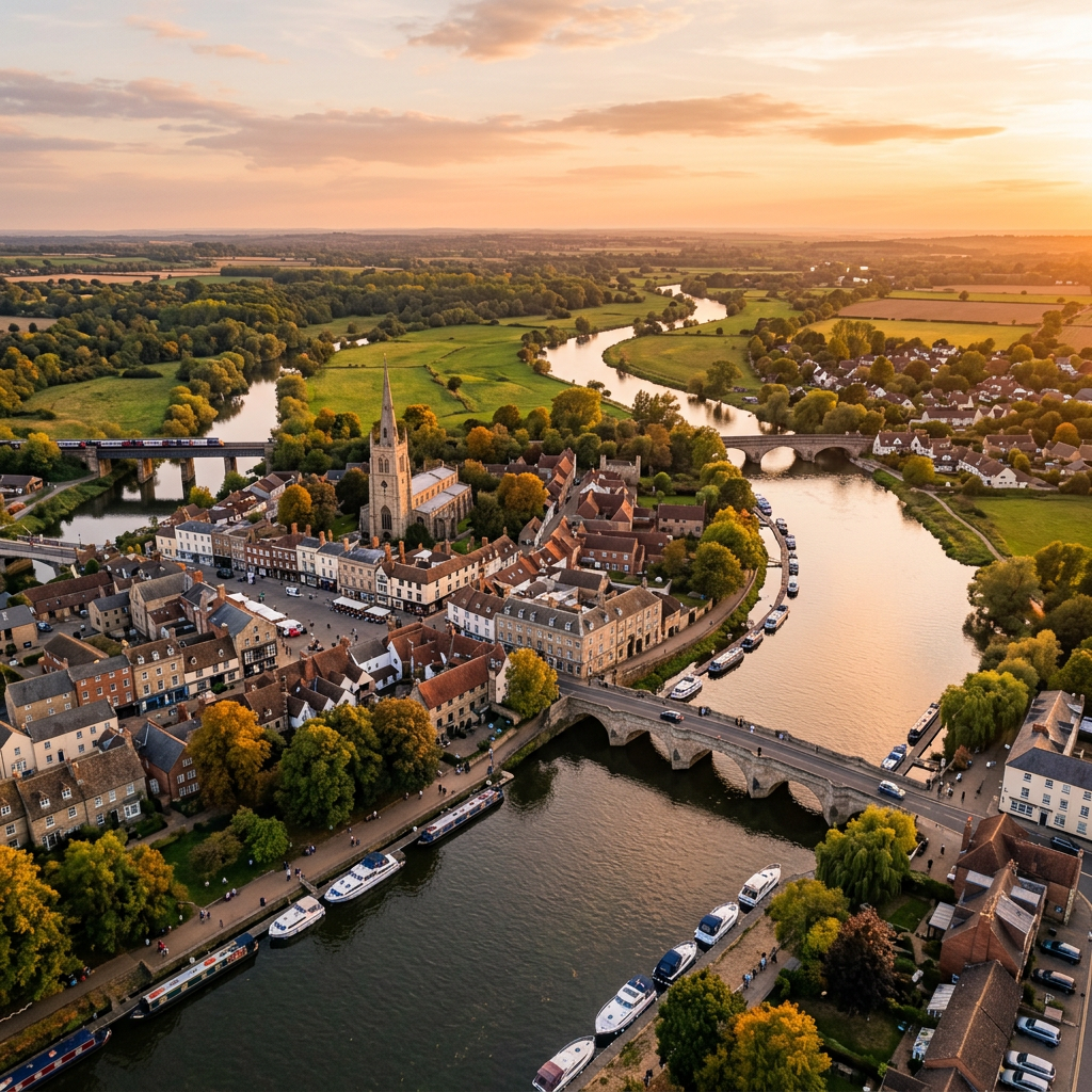 Aerial view of Huntingdon, Cambridgeshire at golden hour