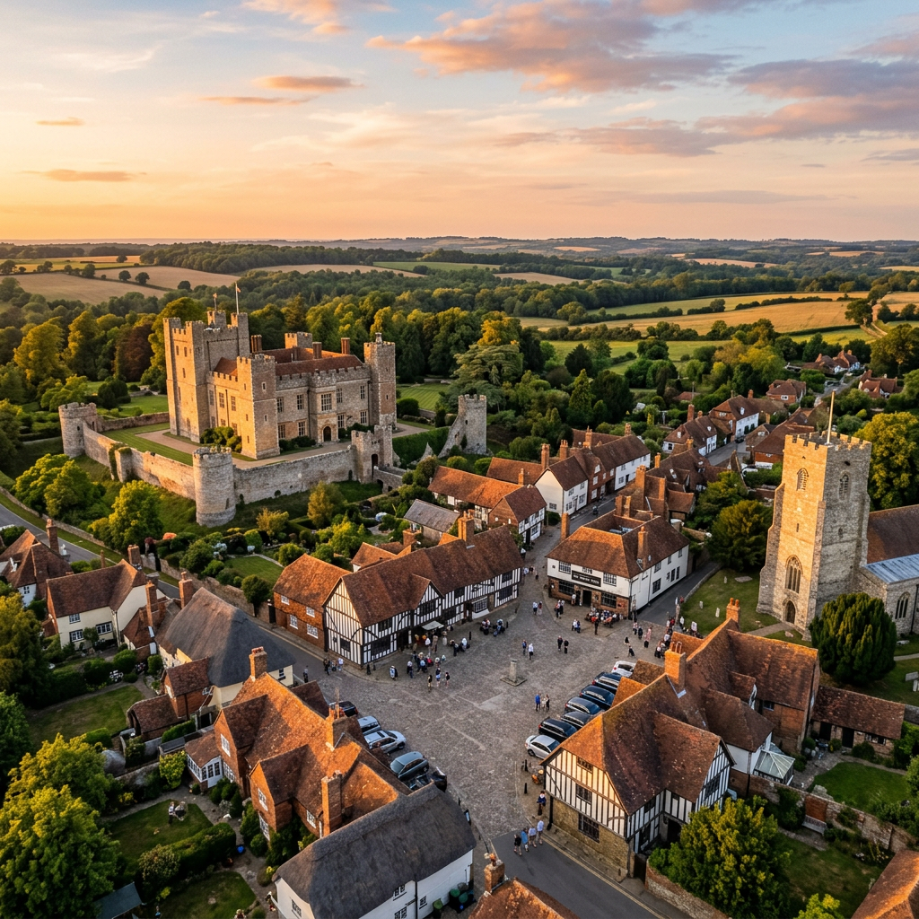 Aerial view of Chilham, Kent at golden hour