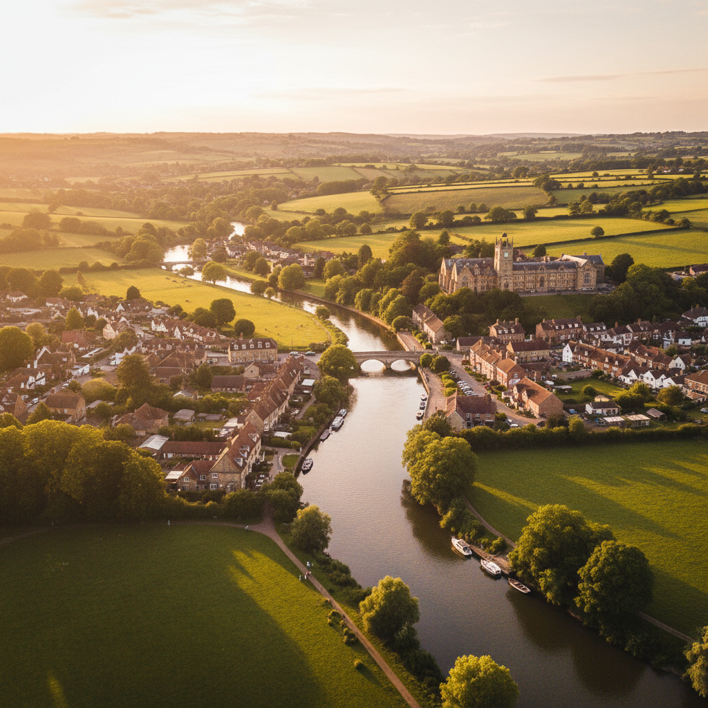 Aerial view of Pangbourne, Berkshire on the Thames at golden hour
