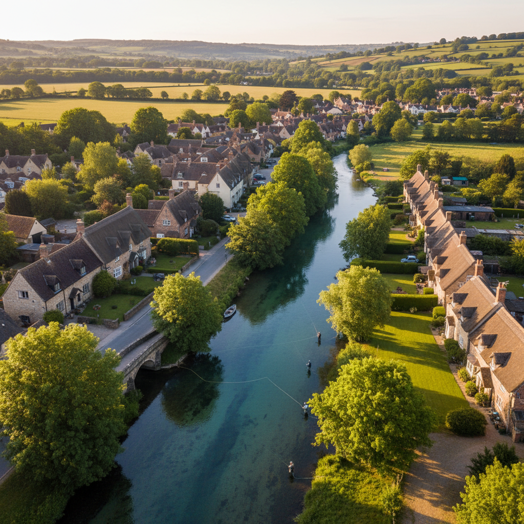 Aerial view of Stockbridge, Hampshire at golden hour