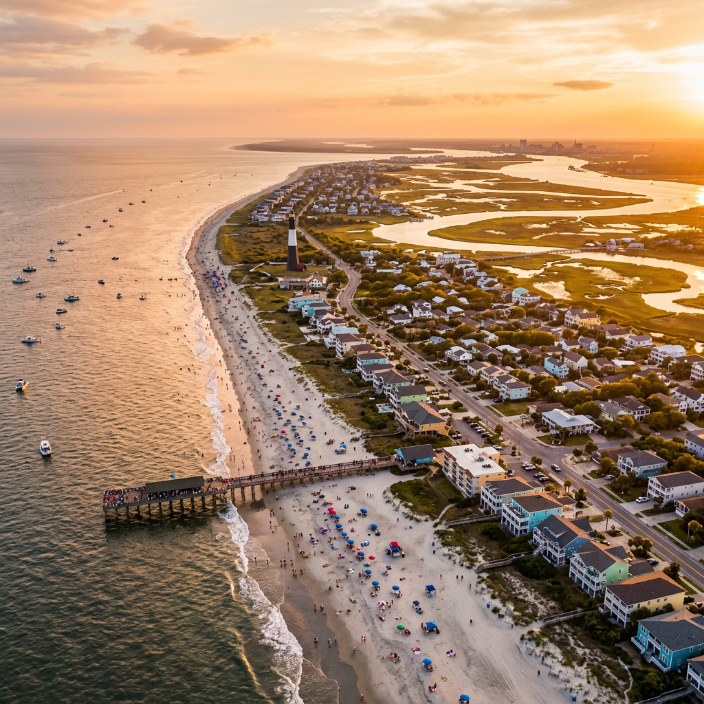 Aerial view of Tybee Island Georgia Atlantic beach and lighthouse at golden hour
