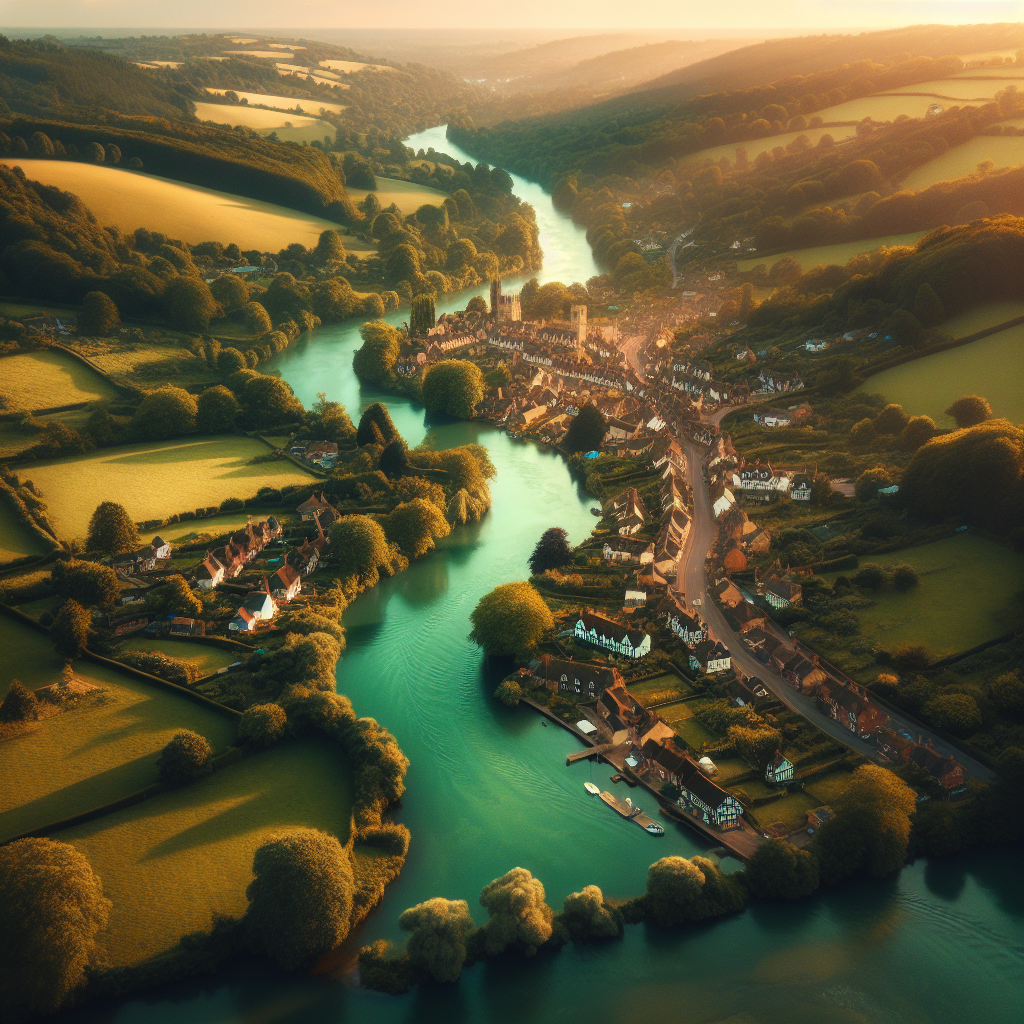 Aerial view of Shalford, Surrey at golden hour