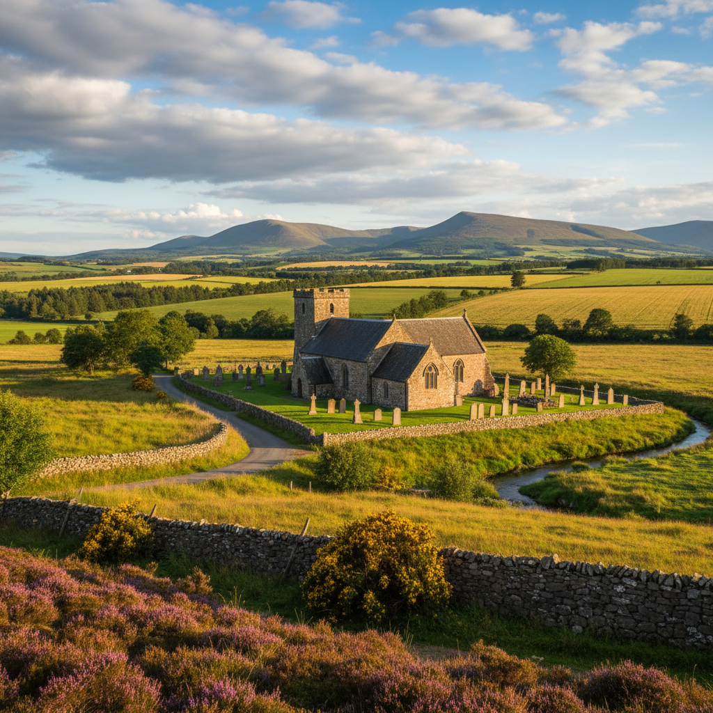 Scenic view of Chapel Of Garioch, Scotland with countryside.
