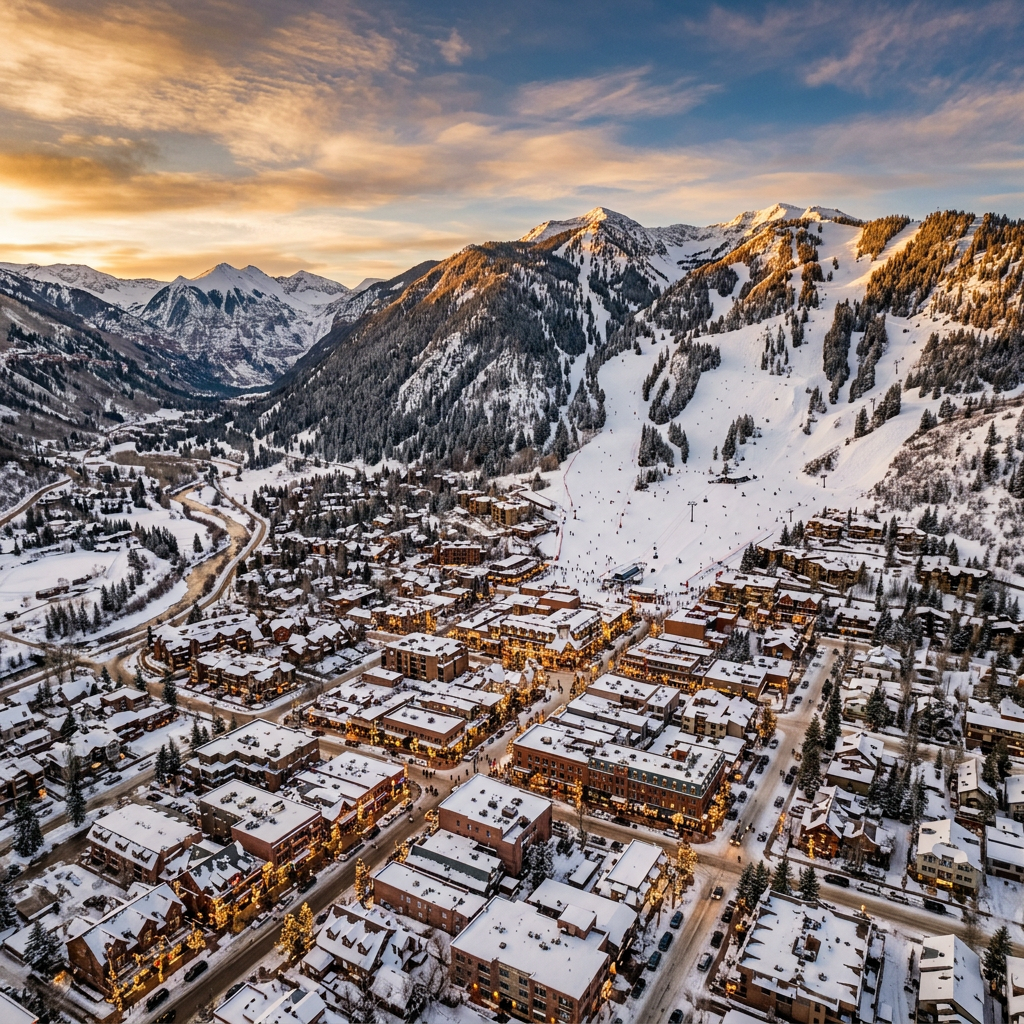 Aerial view of Aspen Colorado ski resort and Rocky Mountains at golden hour