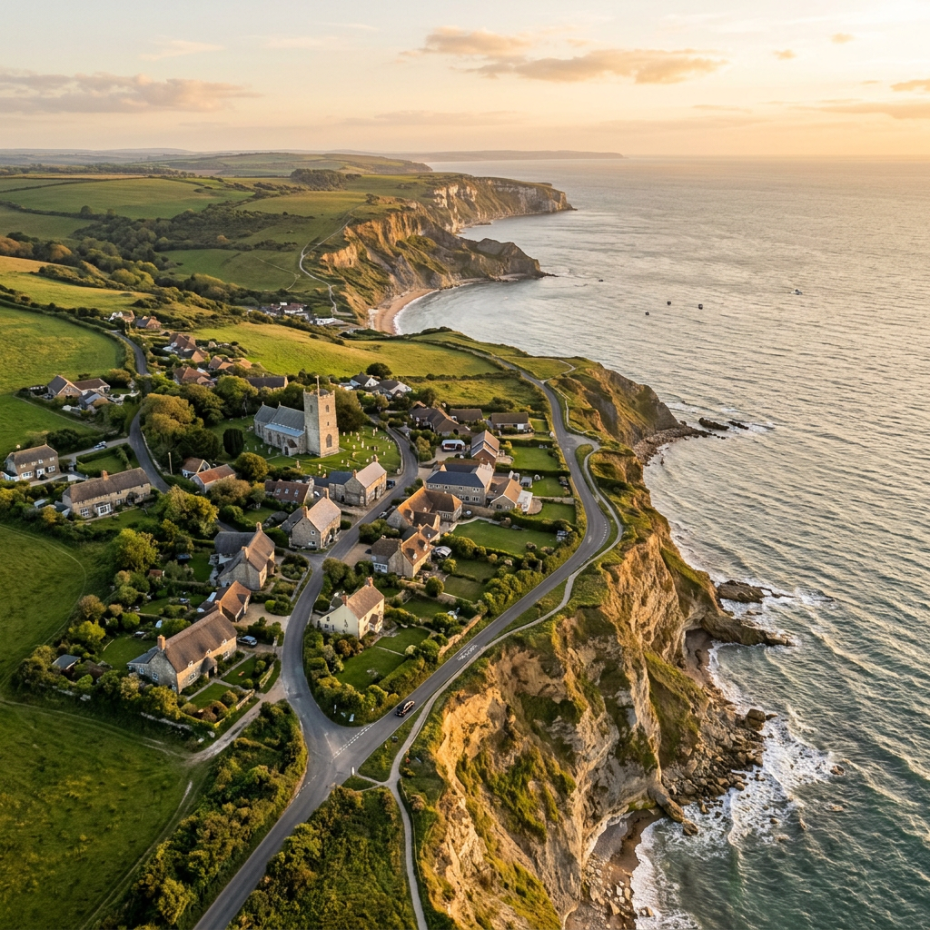 Aerial view of Chale, Isle of Wight at golden hour