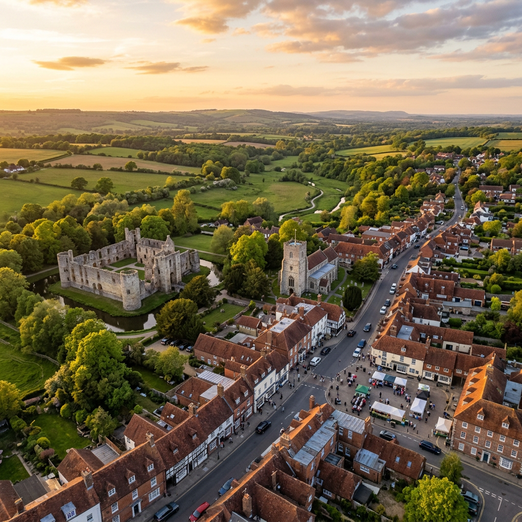 Aerial view of Bishop's Waltham, Hampshire at golden hour
