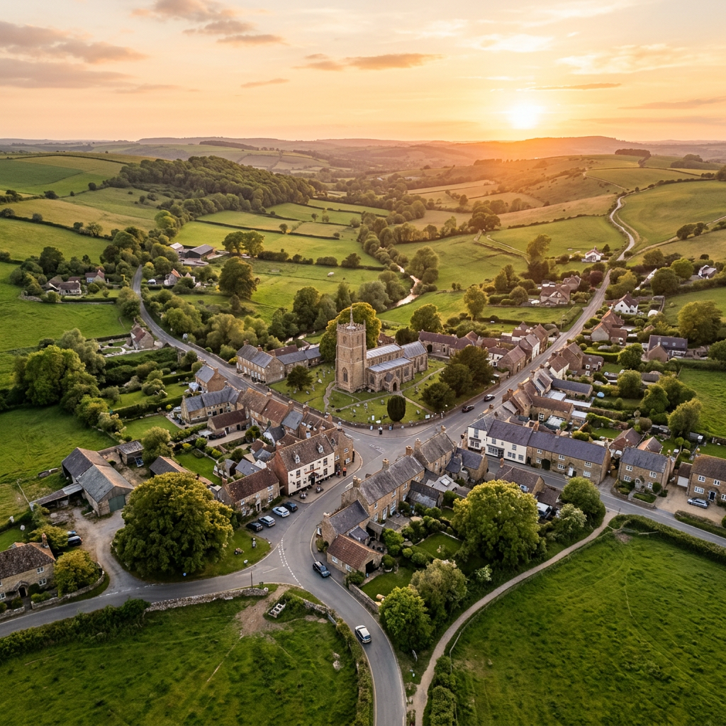 Aerial view of Beaminster, Dorset at golden hour
