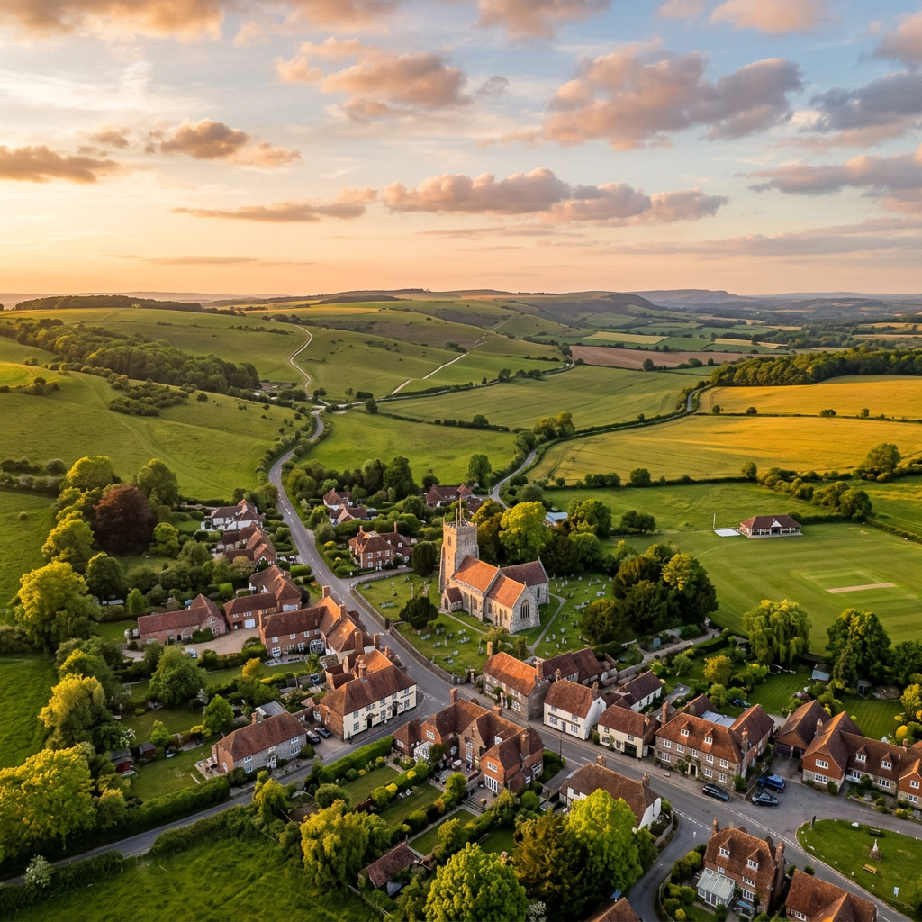Aerial view of Hambledon, Hampshire at golden hour