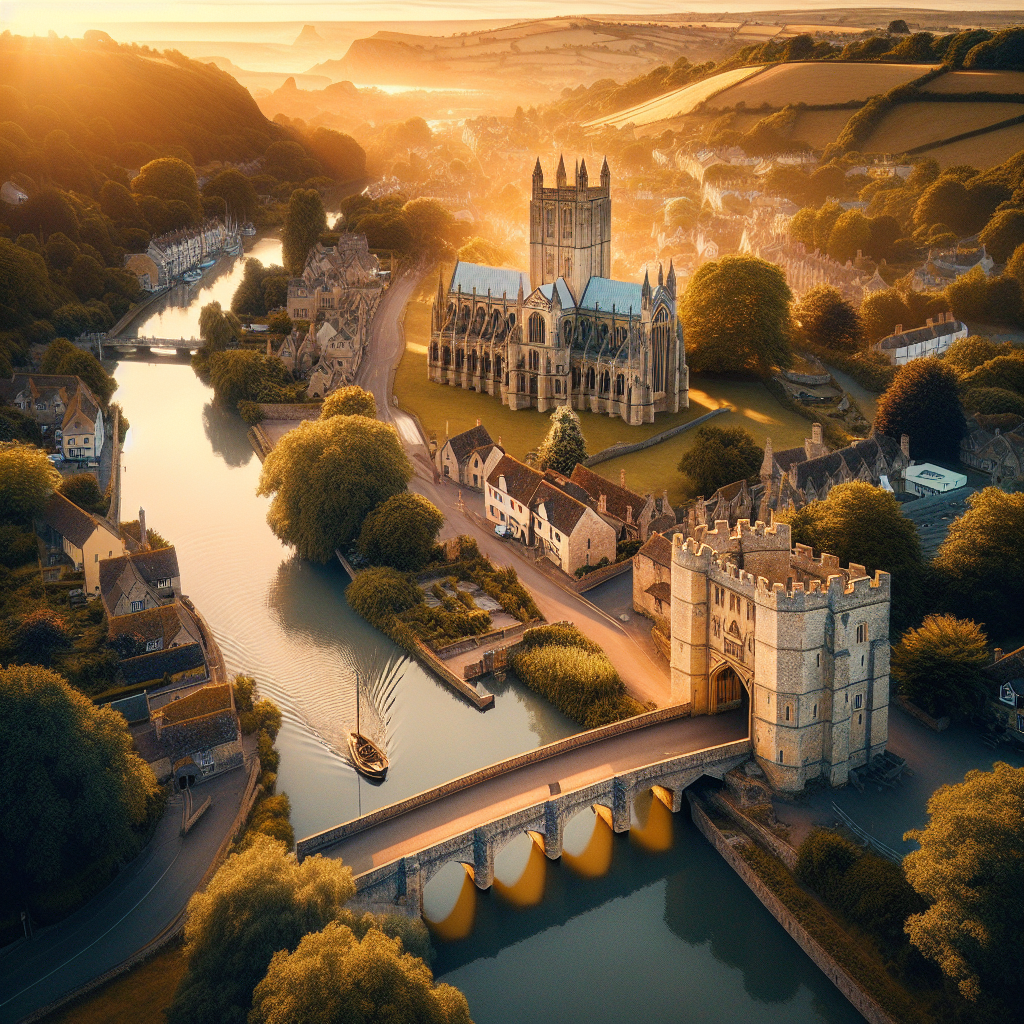 Aerial view of Wells Cathedral, Somerset at golden hour