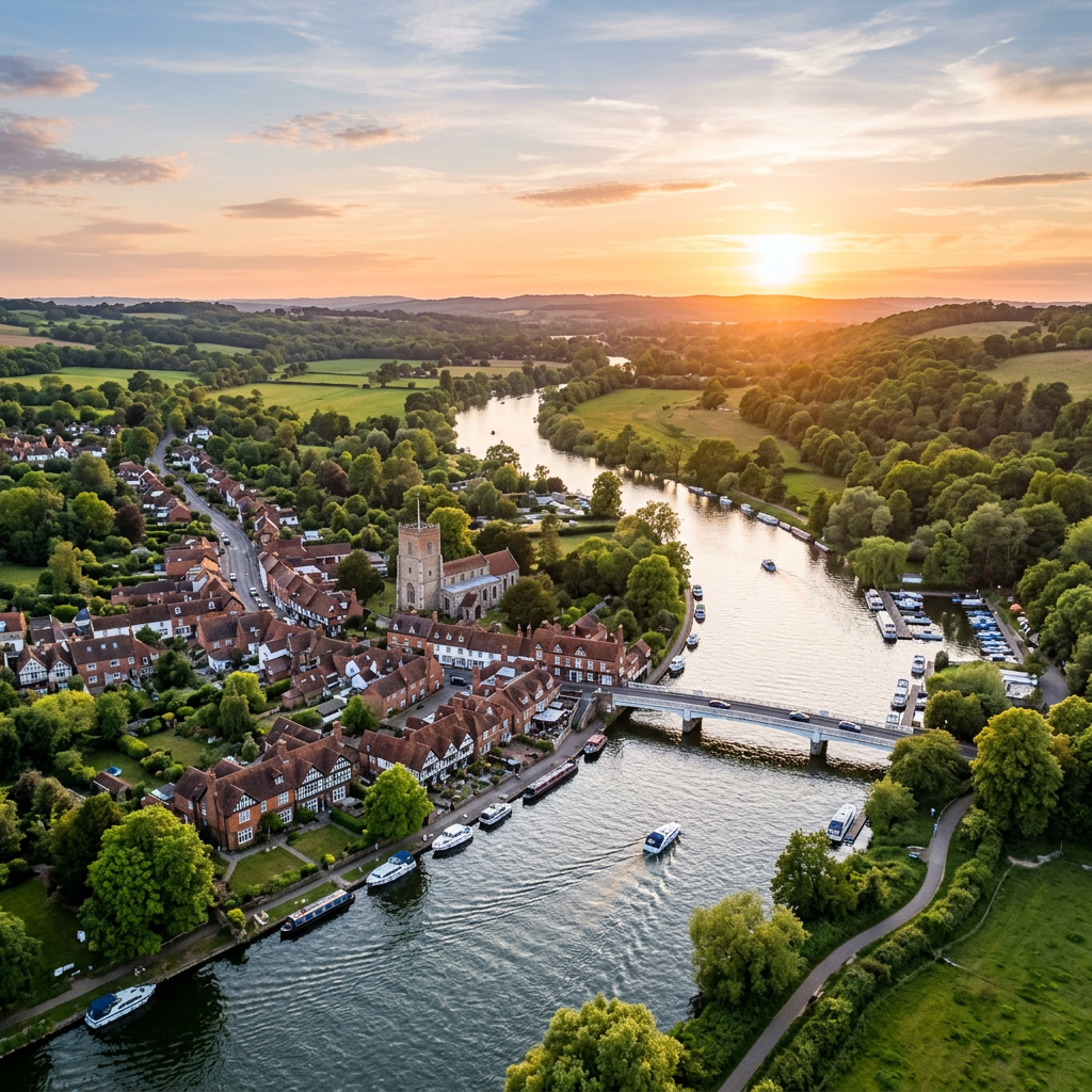 Aerial view of Cookham, Berkshire at golden hour