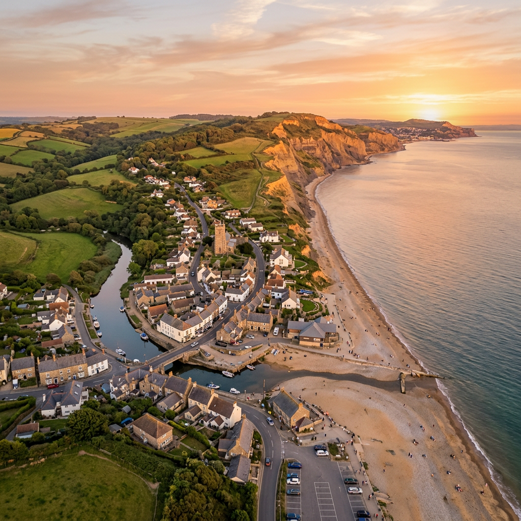 Aerial view of Charmouth, Jurassic Coast at golden hour