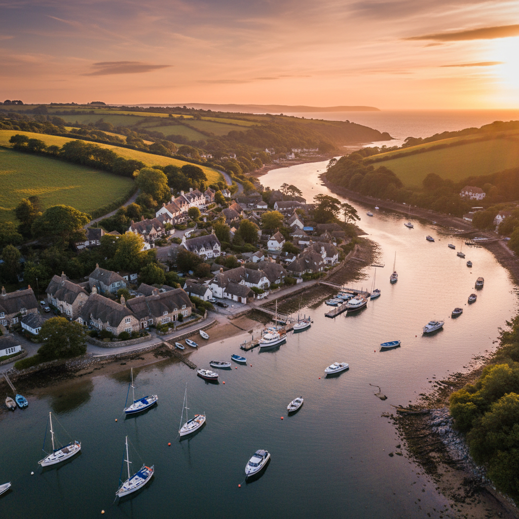 Aerial view of Helford Passage, Cornwall at golden hour