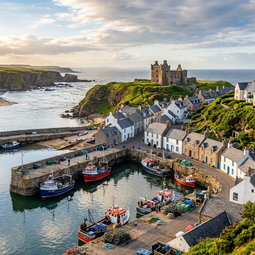 Scenic view of Cairnbulg, Scotland with coastal cliffs and sea.