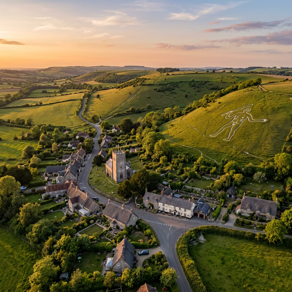 Aerial view of Cerne Abbas, Dorset at golden hour