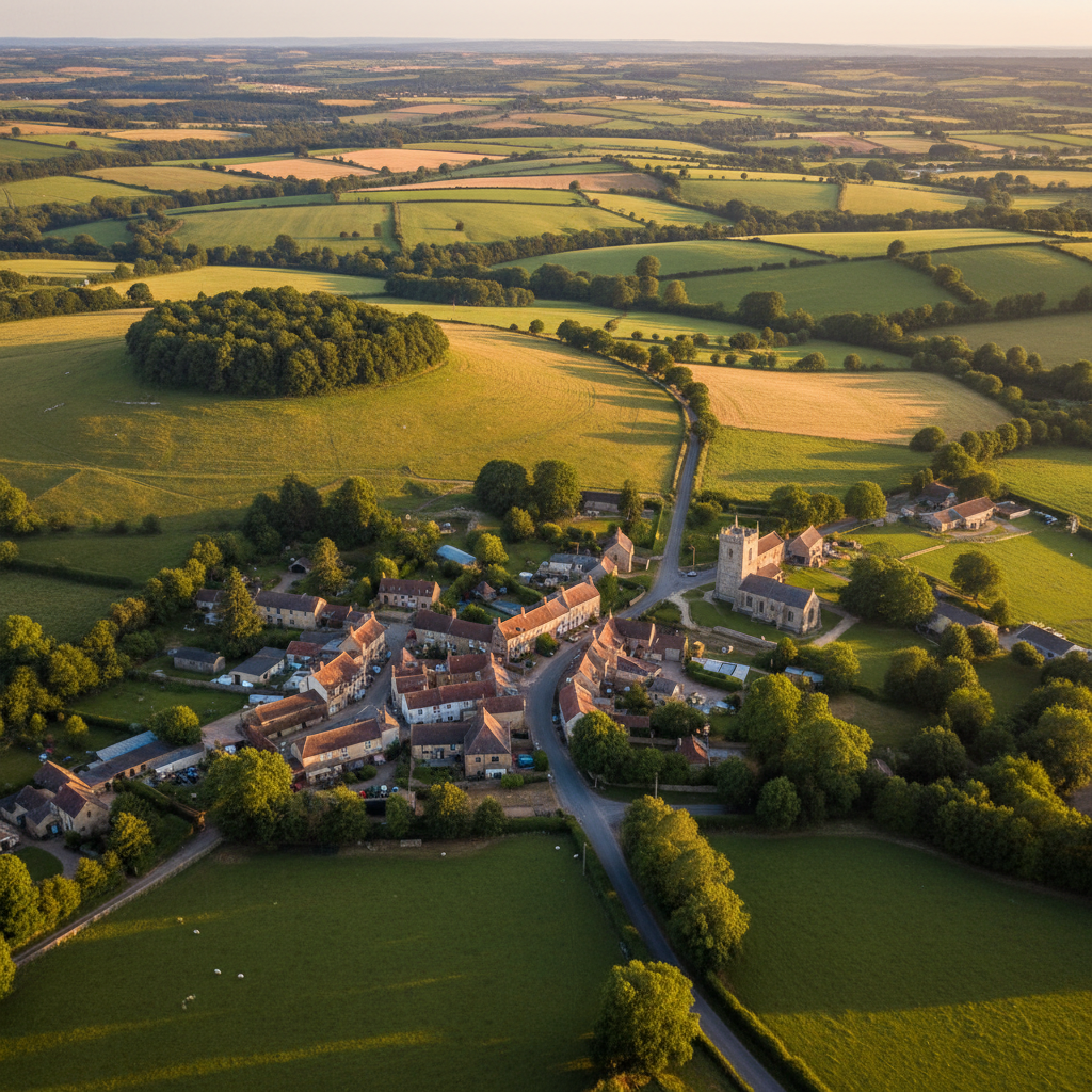 Aerial view of Queen Camel, Somerset at golden hour