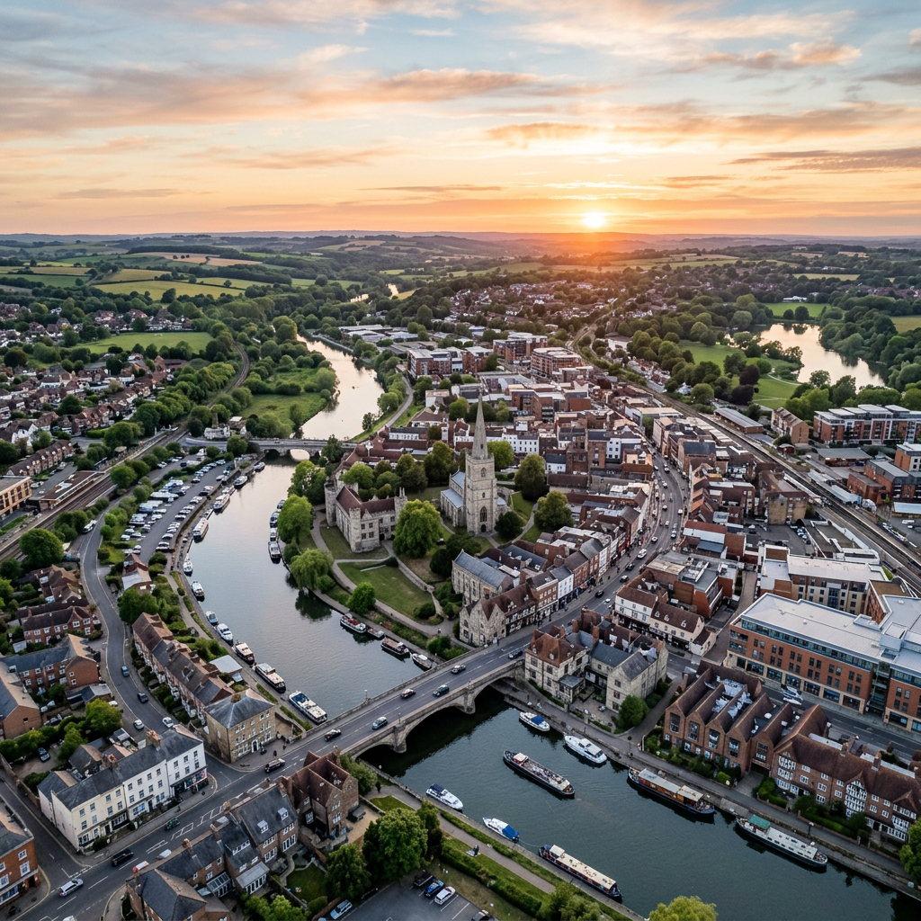 Aerial view of Maidstone, Kent at golden hour
