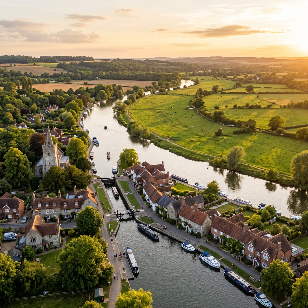 Aerial view of Hurley, Berkshire with Thames at golden hour