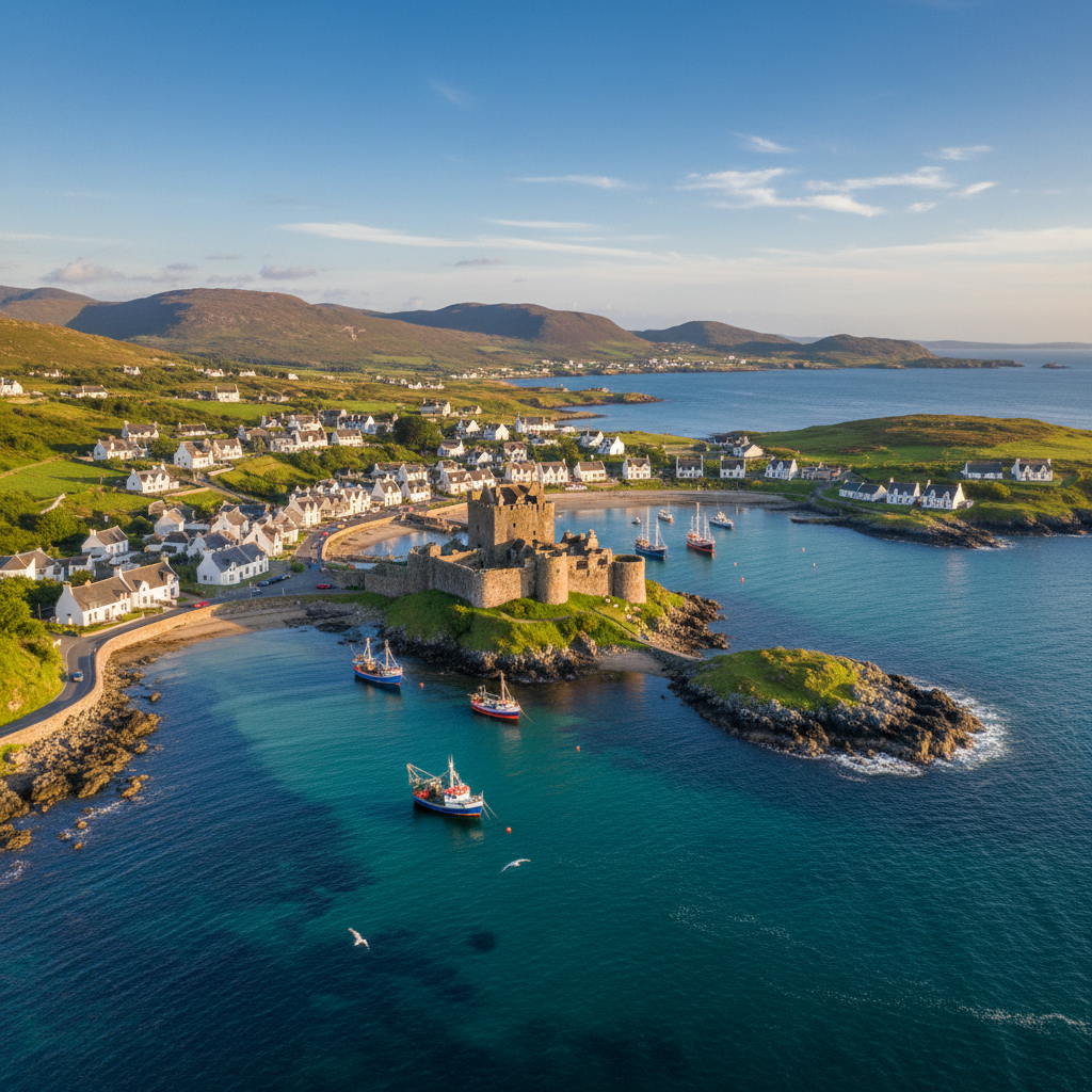 Stunning Castlebay, Scotland with rugged coastline and hills.
