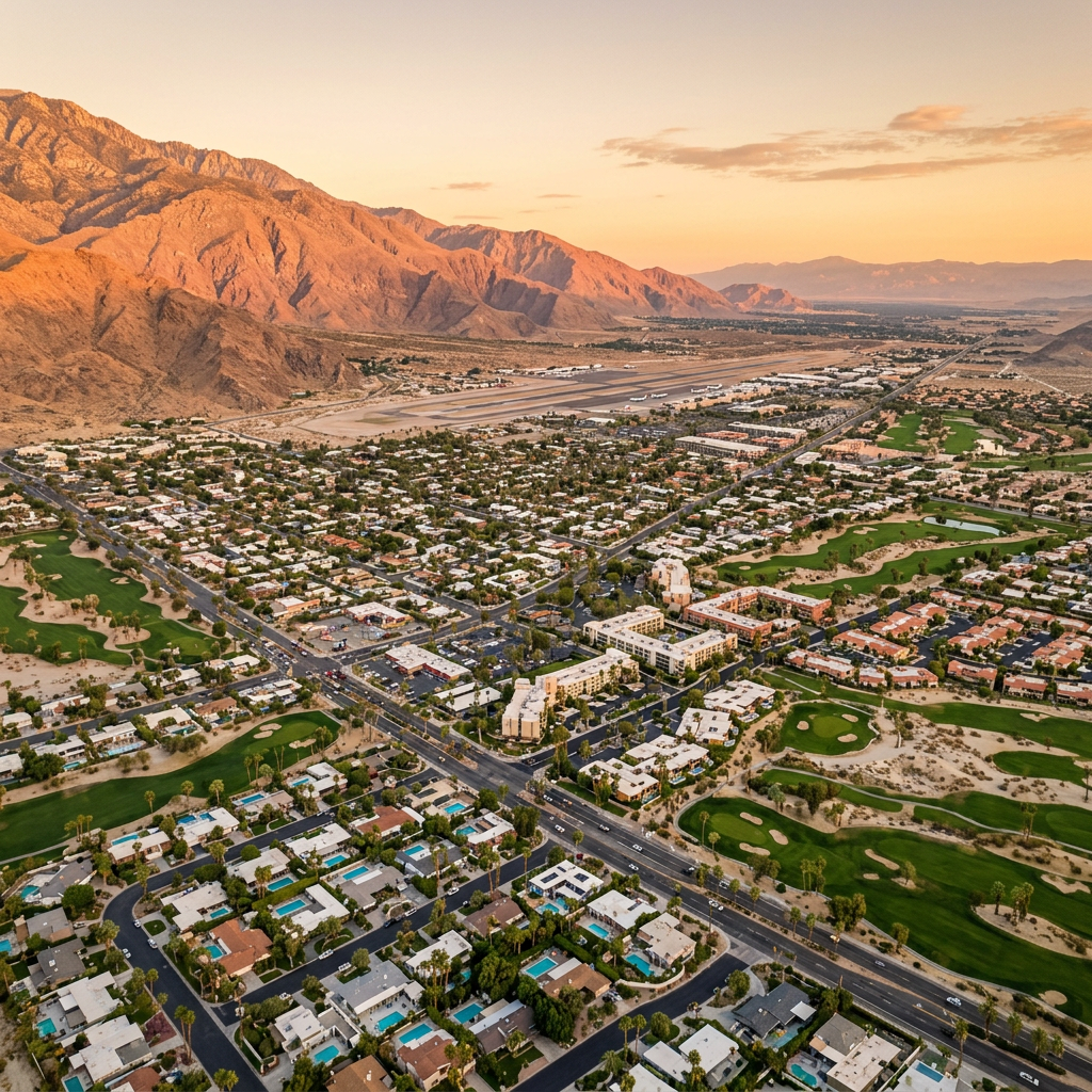 Aerial view of Palm Springs California desert resort and San Jacinto Mountains at golden hour