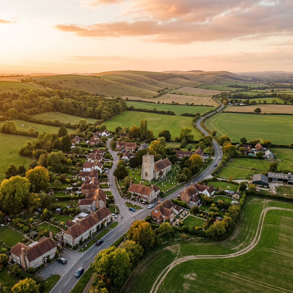 Aerial view of Compton, West Sussex at golden hour