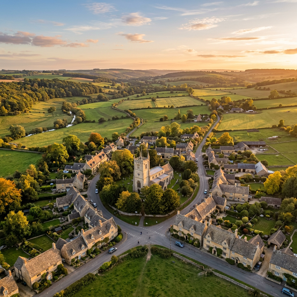 Aerial view of Combe, Oxfordshire at golden hour