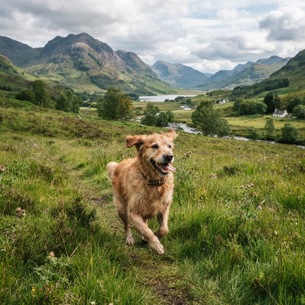 Pets enjoying the outdoors in the Scottish Highlands
