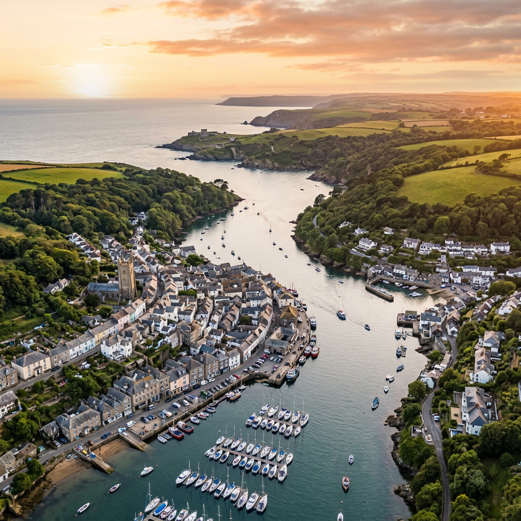 Aerial view of Fowey harbour, Cornwall at golden hour