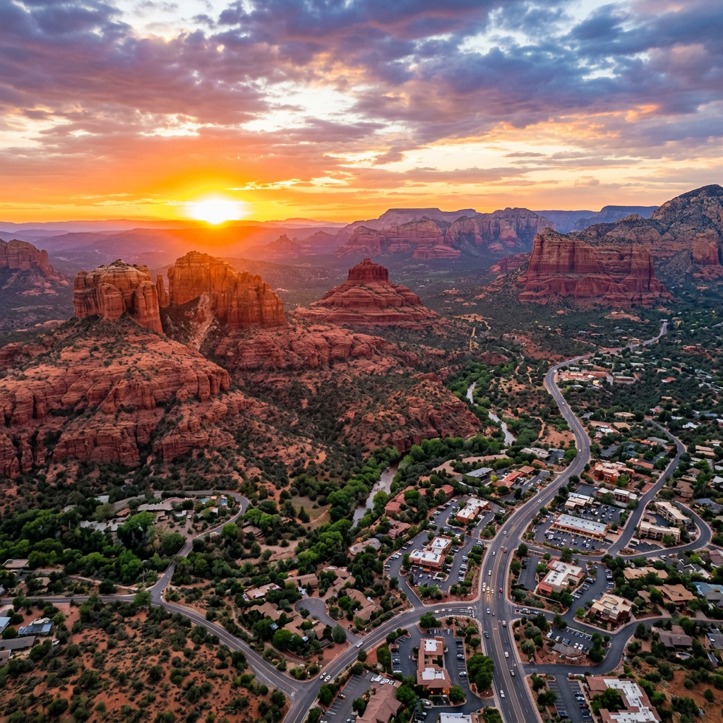 Aerial view of Sedona Arizona red rock formations at golden hour