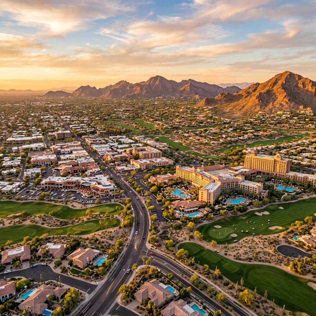 Aerial view of Scottsdale Arizona desert resort city at golden hour