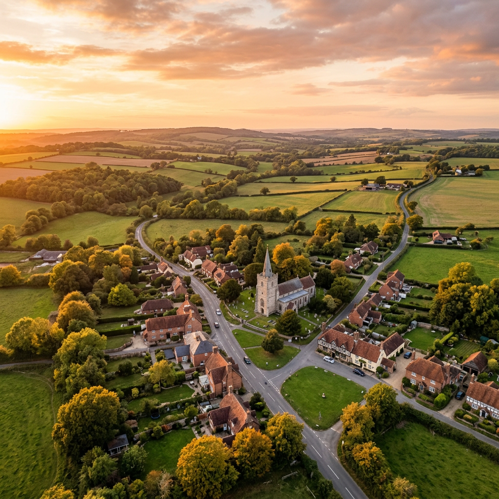 Aerial view of Burghclere, Hampshire at golden hour