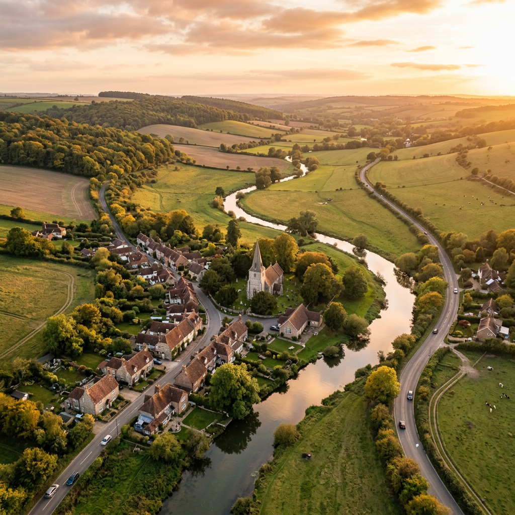 Aerial view of Corhampton, Hampshire Meon Valley at golden hour