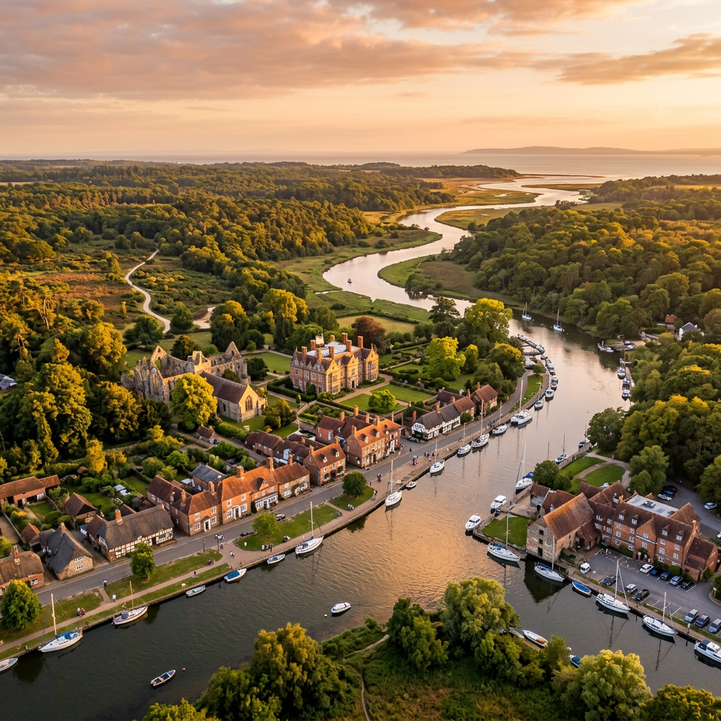 Aerial view of Beaulieu, Hampshire at golden hour