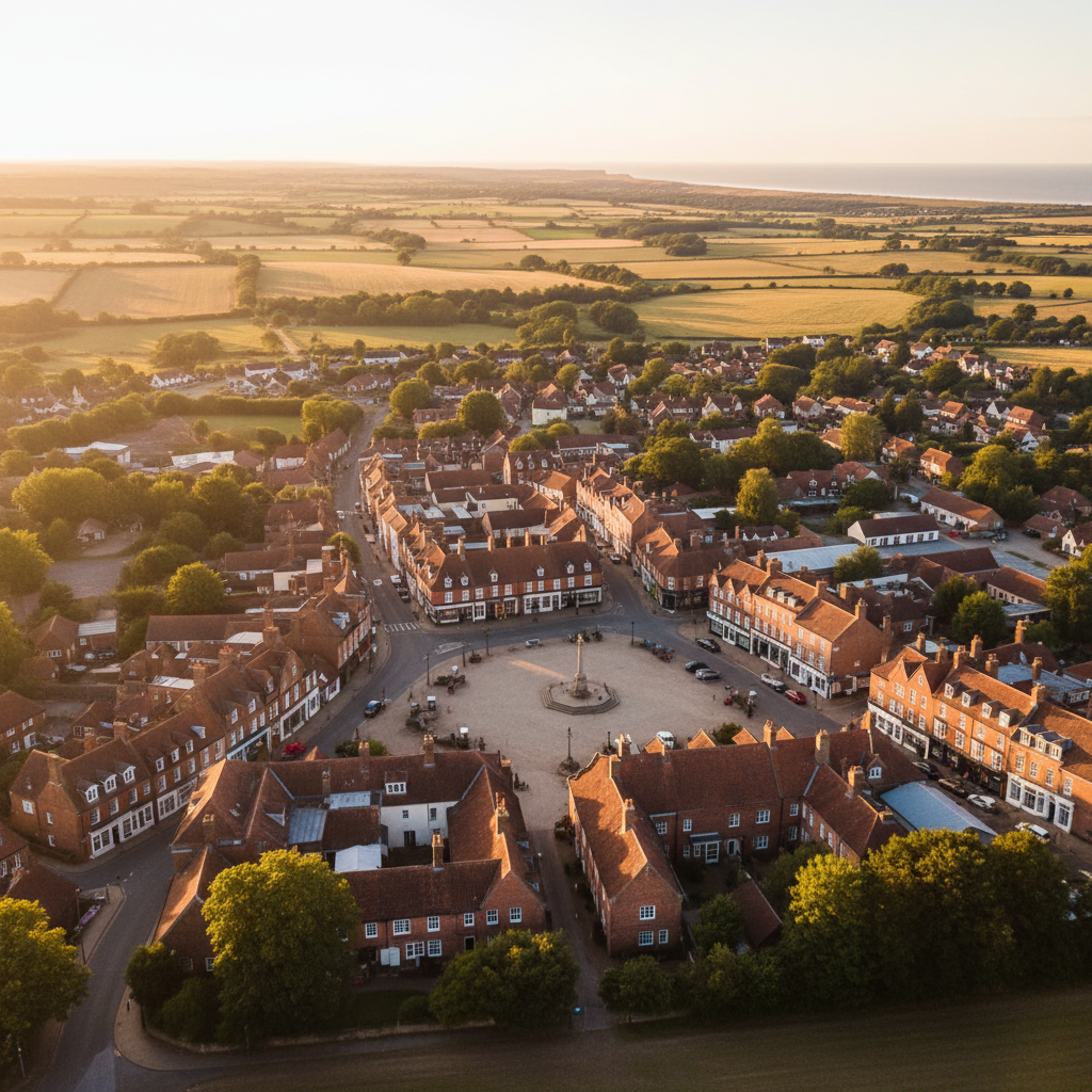 Aerial view of Holt, Norfolk at golden hour