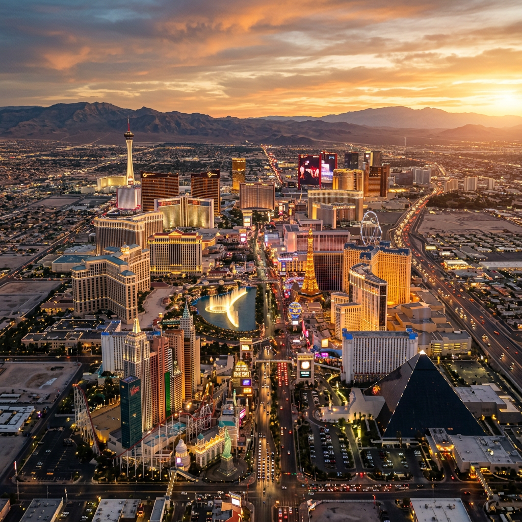 Aerial view of Las Vegas Nevada Strip and city lights at golden hour