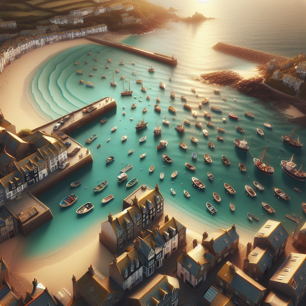 Aerial view of St Ives harbour, Cornwall at golden hour