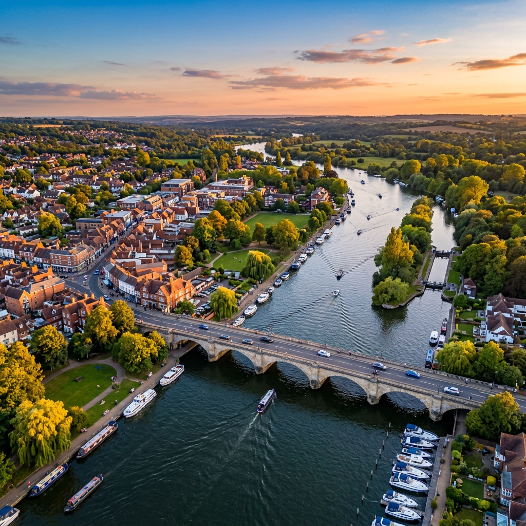 Aerial view of Maidenhead, Berkshire with Thames at golden hour