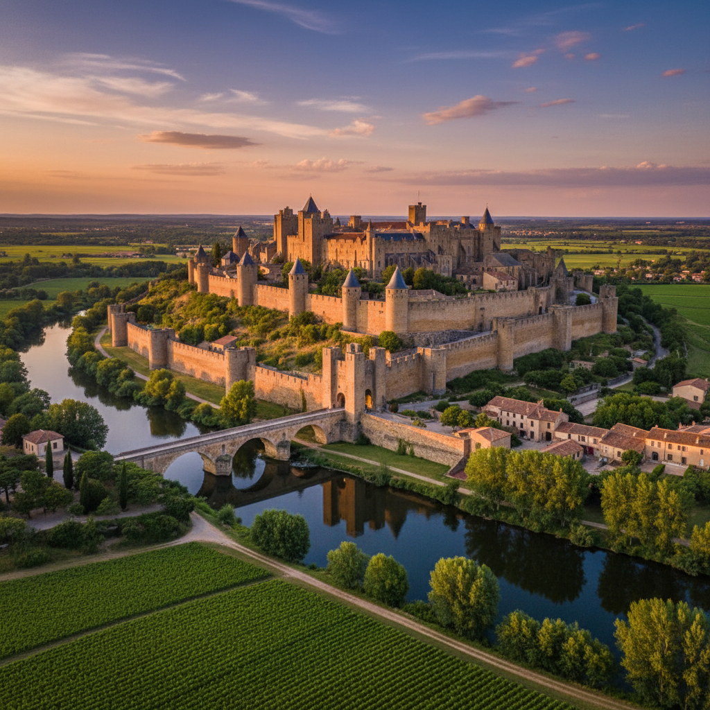 Scenic view of Carcassonne, France with historic castle walls.