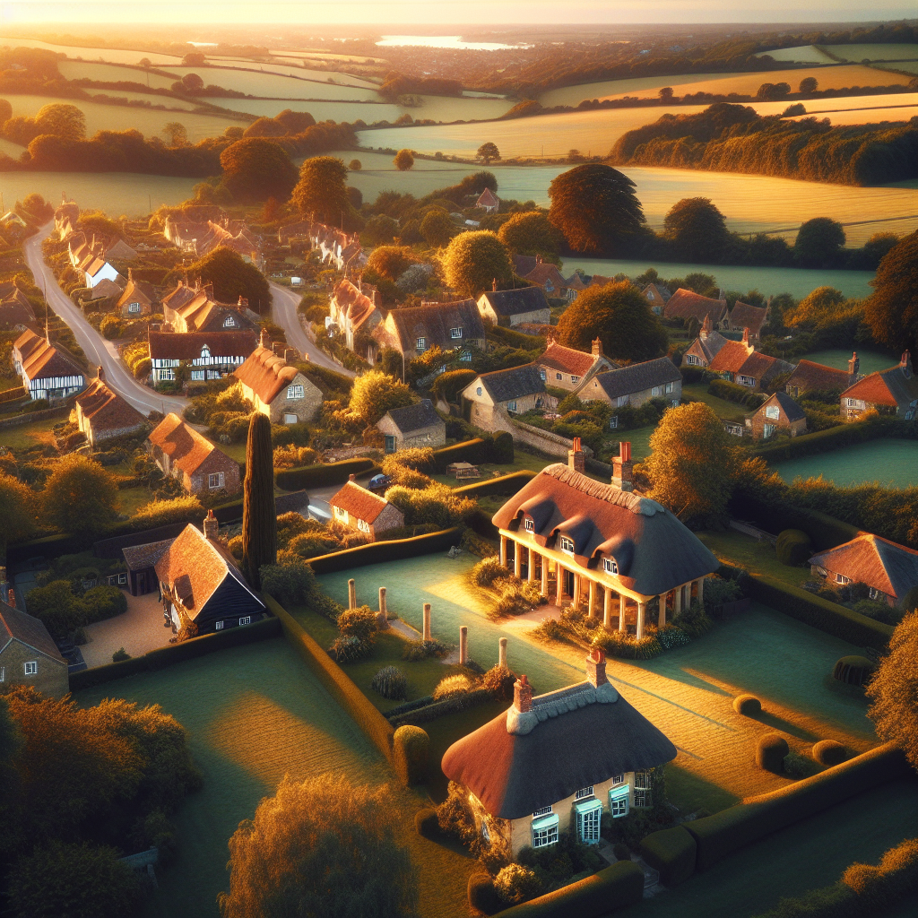 Aerial view of Rockbourne, Hampshire thatched village at golden hour