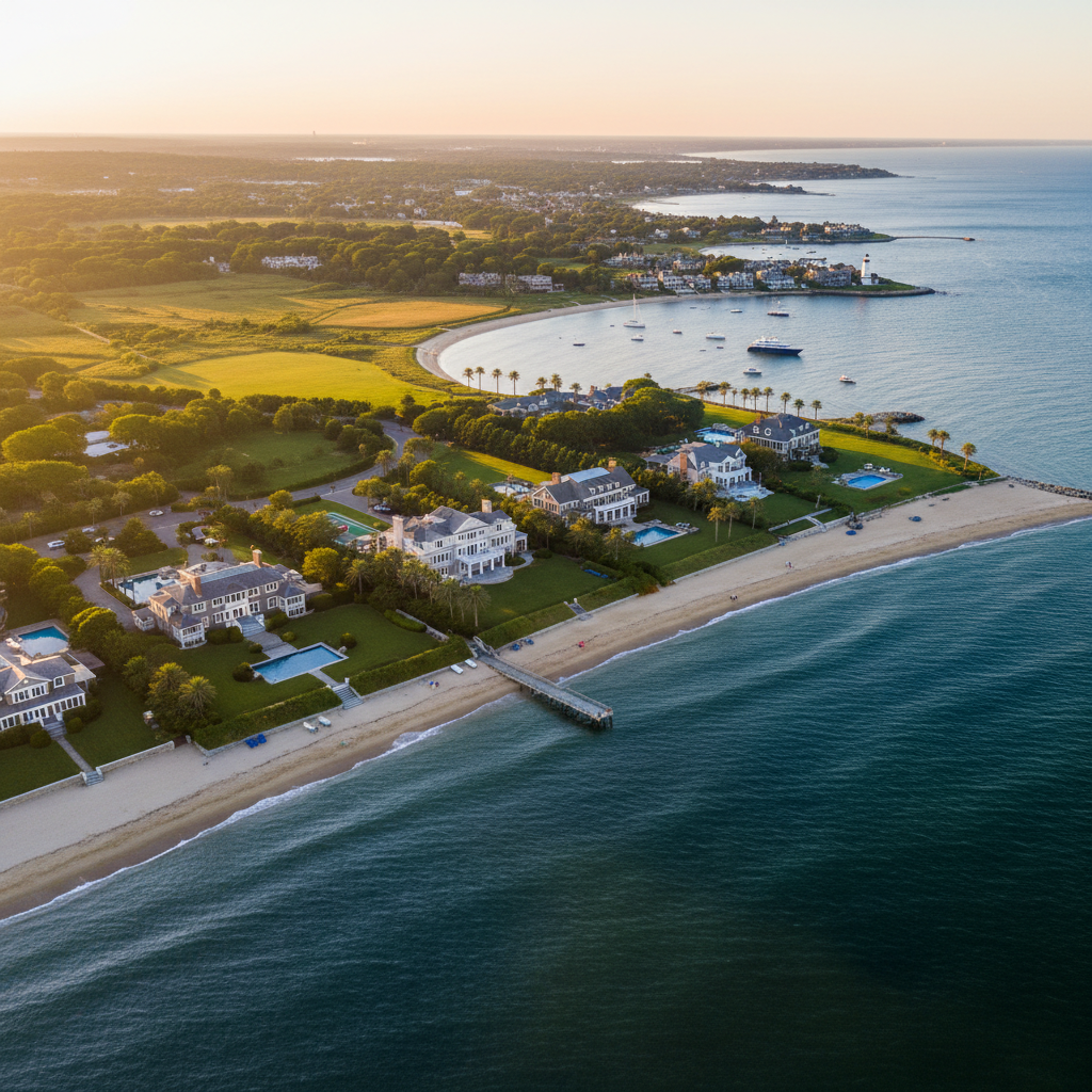 Aerial view of The Hamptons New York Atlantic beaches and estates at golden hour
