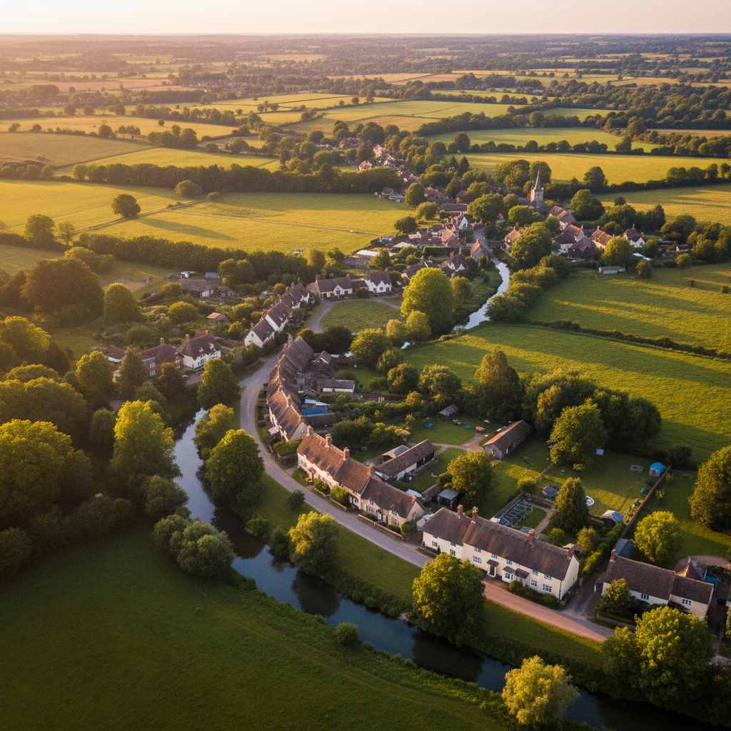 Aerial view of Tichborne, Hampshire at golden hour