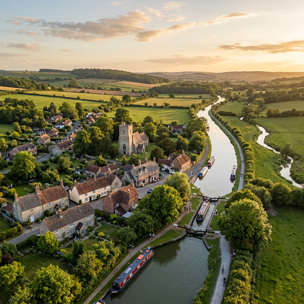 Aerial view of Great Bedwyn, Wiltshire at golden hour