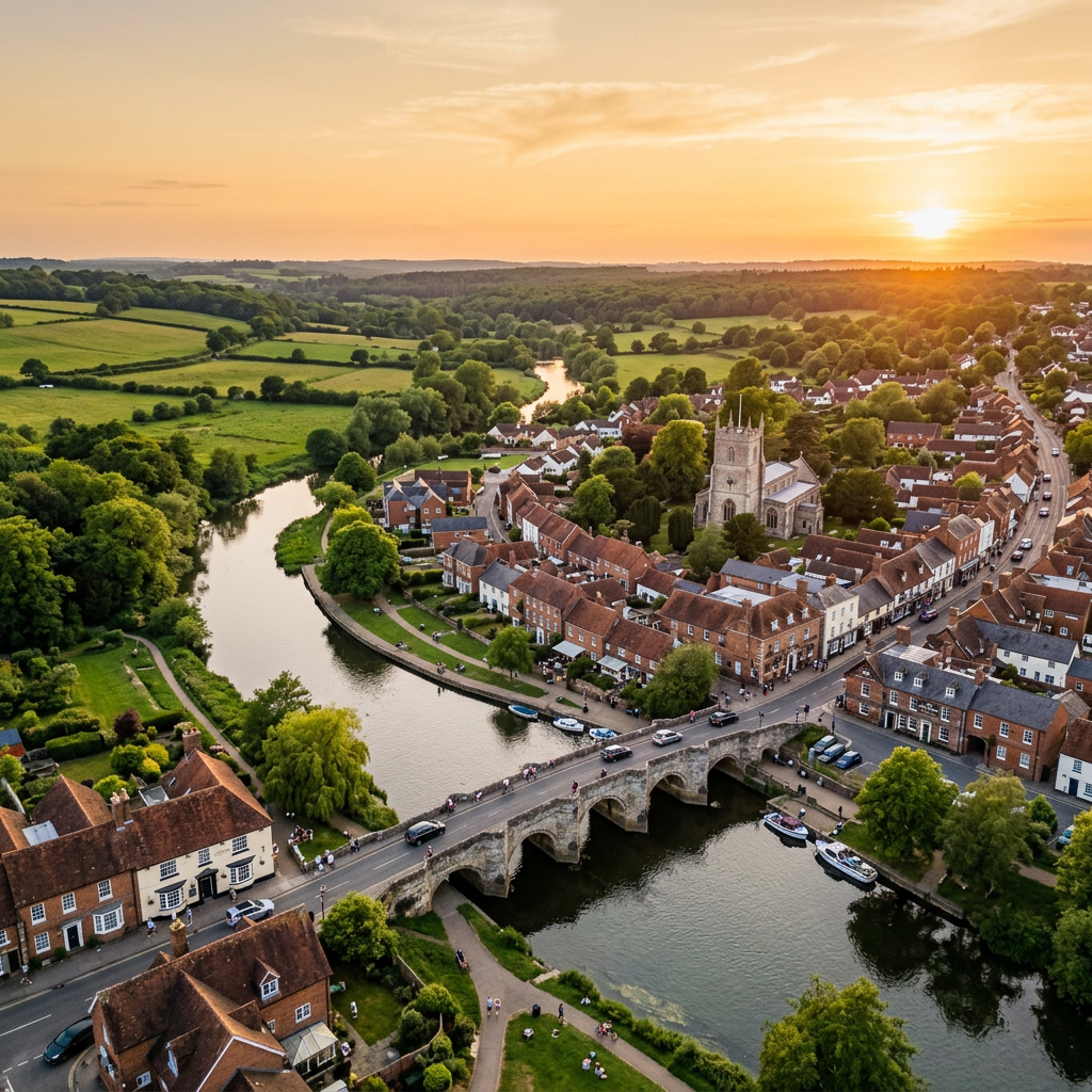 Aerial view of Fordingbridge, Hampshire at golden hour