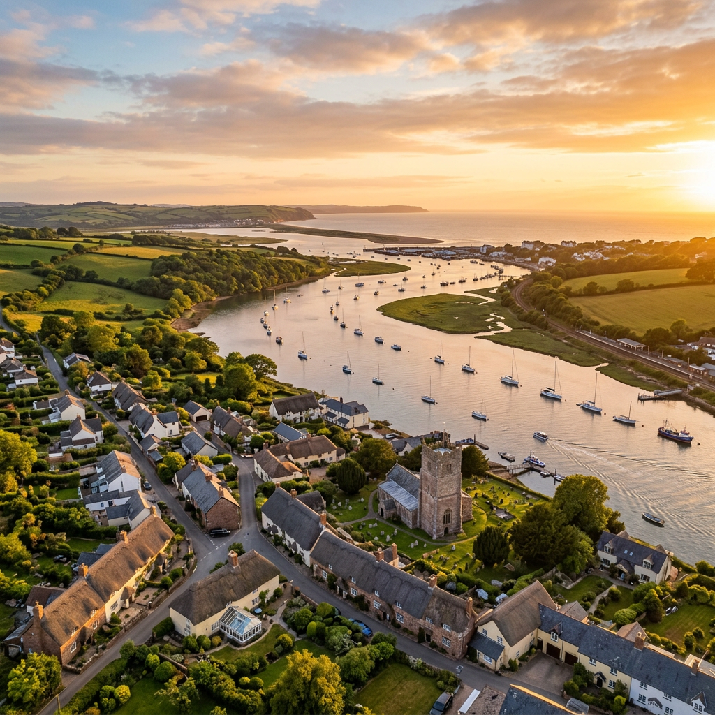 Aerial view of Kenton, Devon with Exe Estuary at golden hour