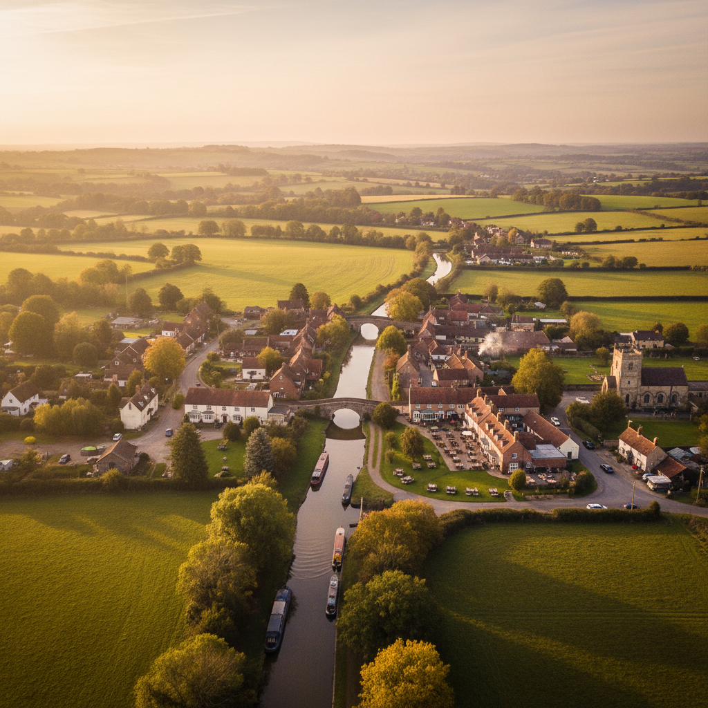 Aerial view of Seend, Wiltshire with Kennet and Avon Canal at golden hour